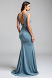 Dusty Blue Mermaid V-Neck Ruched Long Formal Dress With Slit