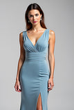 Dusty Blue Mermaid V-Neck Ruched Long Formal Dress With Slit