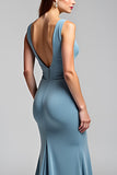 Dusty Blue Mermaid V-Neck Ruched Long Formal Dress With Slit