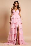 Blush Pink Ruffled Tiered A Line Long Prom Dress With Slit