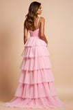 Blush Pink Ruffled Tiered A Line Long Prom Dress With Slit