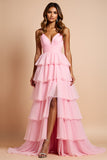 Blush Pink Ruffled Tiered A Line Long Prom Dress With Slit