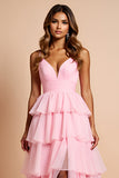 Blush Pink Ruffled Tiered A Line Long Prom Dress With Slit