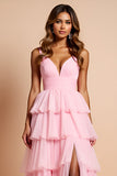 Blush Pink Ruffled Tiered A Line Long Prom Dress With Slit