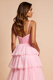 Blush Pink Ruffled Tiered A Line Long Prom Dress With Slit