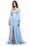 Long Sleeve Sky Blue V-Neck Beaded Prom Dress With Slit