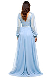 Long Sleeve Sky Blue V-Neck Beaded Prom Dress With Slit