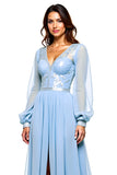 Long Sleeve Sky Blue V-Neck Beaded Prom Dress With Slit