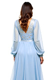 Long Sleeve Sky Blue V-Neck Beaded Prom Dress With Slit