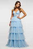 Ruffled Tiered A Line Sky Blue Prom Dress With Beading