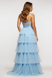 Ruffled Tiered A Line Sky Blue Prom Dress With Beading