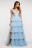 Ruffled Tiered A Line Sky Blue Prom Dress With Beading