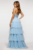 Ruffled Tiered A Line Sky Blue Prom Dress With Beading