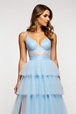 Ruffled Tiered A Line Sky Blue Prom Dress With Beading