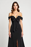 Off the Shoulder Bowknot Black Tie Dress with Slit