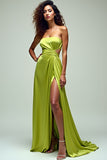 Lemon Green A Line Strapless Cut Out Long Formal Dress With Slit