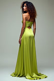 Lemon Green A Line Strapless Cut Out Long Formal Dress With Slit