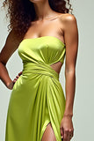 Lemon Green A Line Strapless Cut Out Long Formal Dress With Slit