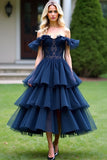 Navy A-Line Off the Shoulder Ruffles Tulle Formal Dress with Lace