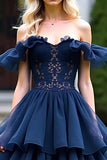 Navy A-Line Off the Shoulder Ruffles Tulle Formal Dress with Lace