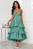 Green A Line Tiered Ruffle Formal Dress