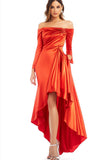 Orange Off the Shoulder Satin High Low Long Sleeve Formal Dress