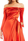 Orange Off the Shoulder Satin High Low Long Sleeve Formal Dress