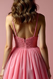 Pink A Line Spaghetti Straps Organza Prom Dress