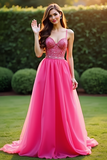 A Line Fuchsia Spaghetti Straps Organza Lace Prom Dress