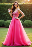 A Line Fuchsia Spaghetti Straps Organza Lace Prom Dress