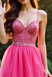 A Line Fuchsia Spaghetti Straps Organza Lace Prom Dress