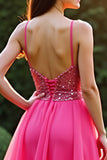 A Line Fuchsia Spaghetti Straps Organza Lace Prom Dress