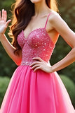 A Line Fuchsia Spaghetti Straps Organza Lace Prom Dress