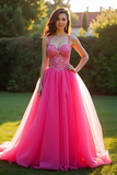 A Line Fuchsia Sweetheart Organza Lace Prom Dress