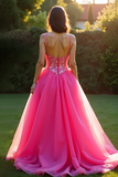 A Line Fuchsia Sweetheart Organza Lace Prom Dress