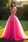 A Line Fuchsia Sweetheart Organza Lace Prom Dress