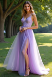 Lilac A Line Spaghetti Straps Organza Prom Dress