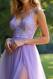 Lilac A Line Spaghetti Straps Organza Prom Dress