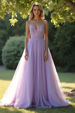 A Line Lilac Spaghetti Straps Organza Lace Prom Dress