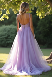 A Line Lilac Spaghetti Straps Organza Lace Prom Dress