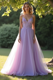 A Line Lilac Spaghetti Straps Organza Lace Prom Dress