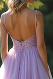 A Line Lilac Spaghetti Straps Organza Lace Prom Dress