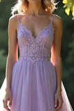 A Line Lilac Spaghetti Straps Organza Lace Prom Dress