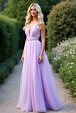 Lilac Organza A Line Beaded V Neck Prom Dress