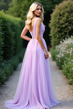 Lilac Organza A Line Beaded V Neck Prom Dress