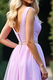 Lilac Organza A Line Beaded V Neck Prom Dress