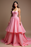 Pink A Line Beaded Sweetheart Ruffled Prom Dress