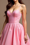 Pink A Line Beaded Sweetheart Ruffled Prom Dress