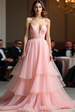 Pink Beaded Waist Tiered A Line V Neck Prom Dress