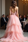 Pink Beaded Waist Tiered A Line V Neck Prom Dress